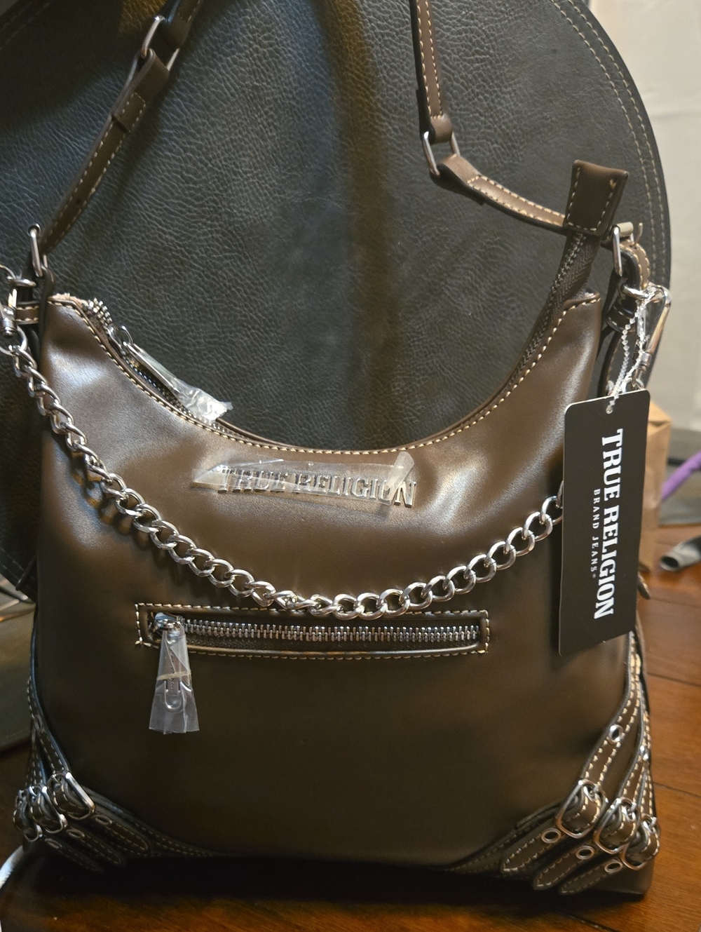 True Religion Dark Brown Leather Chain-Trim Shoulder Bag